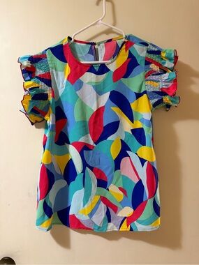 Multicolor Leaf-Print Ruffle Sleeve Top